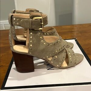 Stylish Light olive/khaki Heeled Sandals with Gold Accents